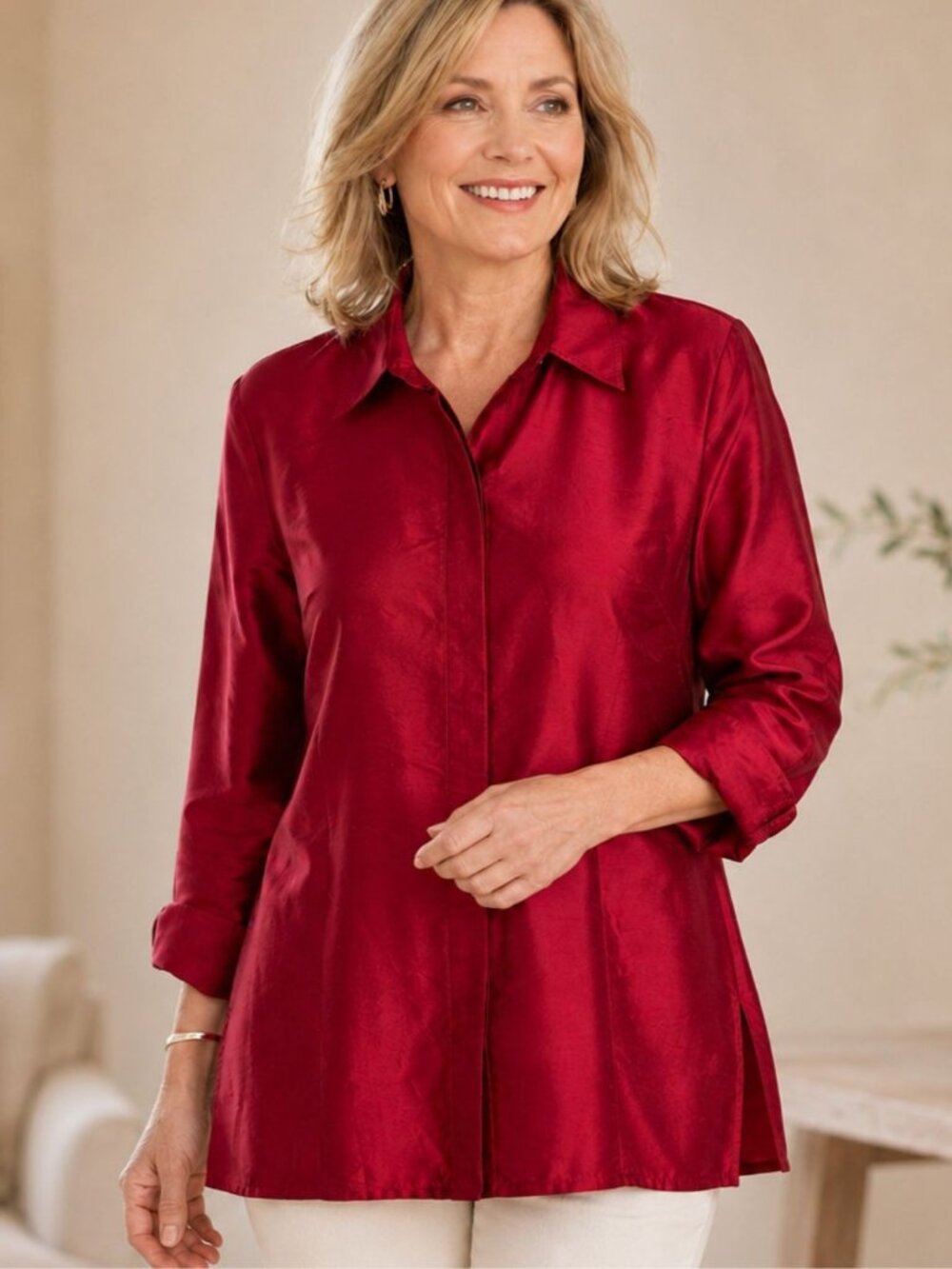 Chicos Womens Size 2 |L Red Silk Button Front Shirt Tunic Long Sleeve Collared